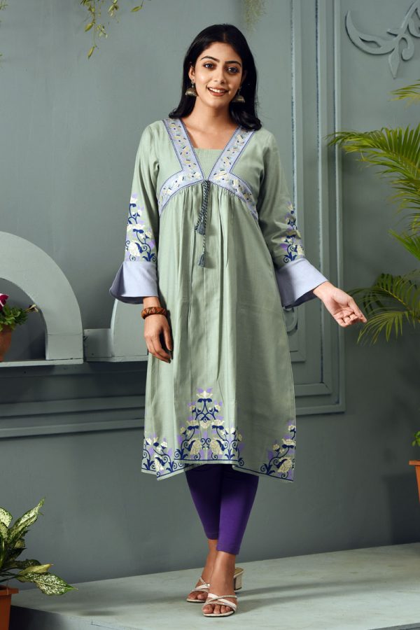 Sage Green Cotton Printed Kurti TWW